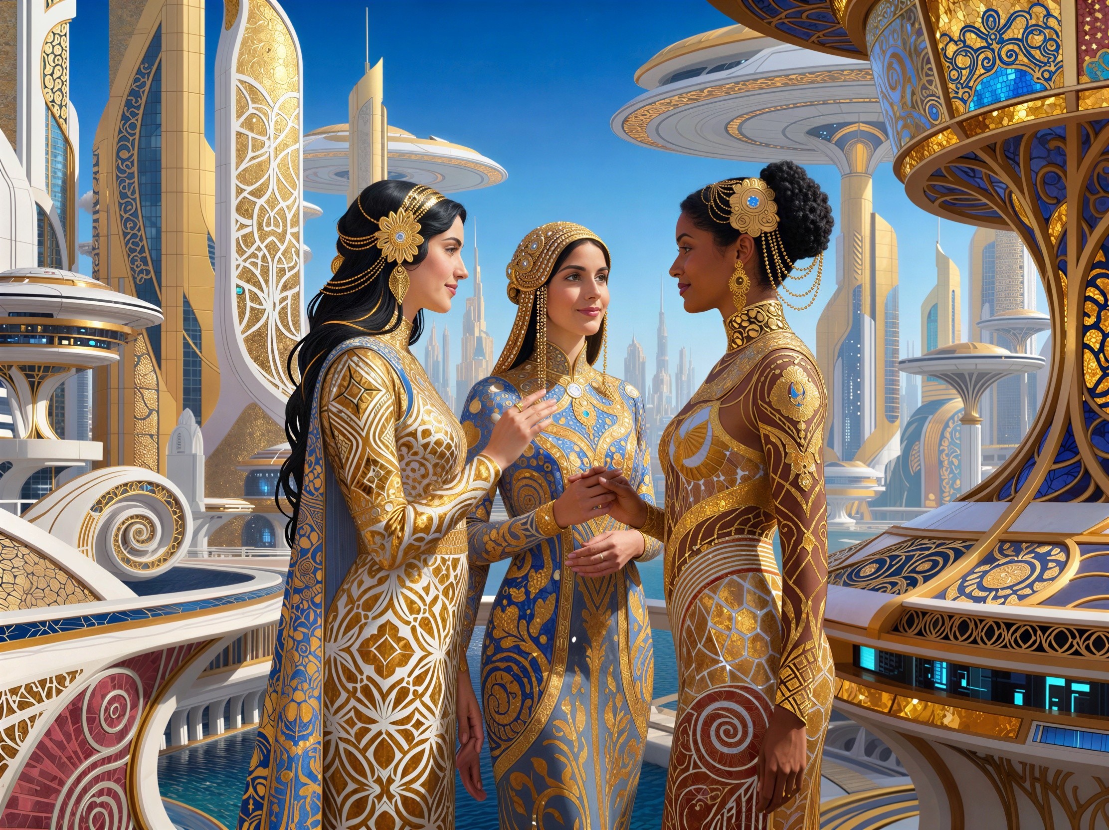 Three Women in Ornate Dresses in Futuristic City