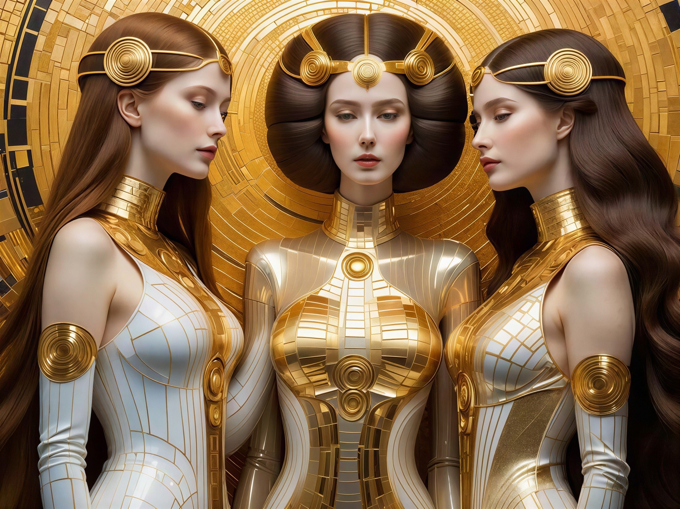 Three women in white bodysuits with gold accents