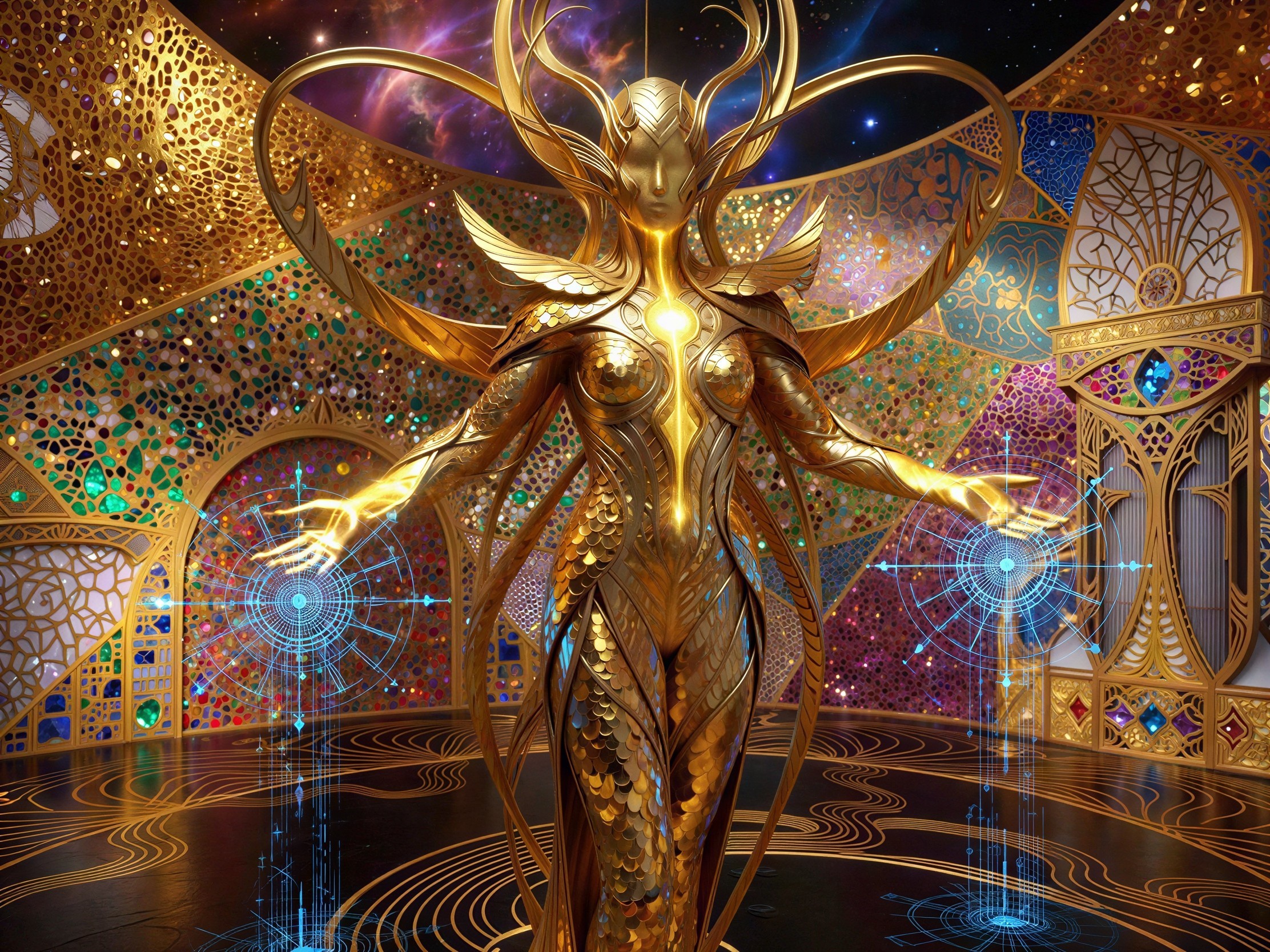 Elegant Half-Cyborg Woman in Gold Armor on Cosmic Floor