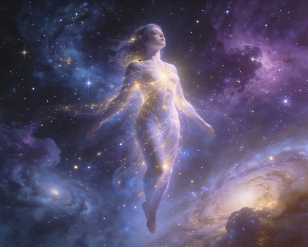 Cosmic Goddess Figure in Vibrant Galaxy Background