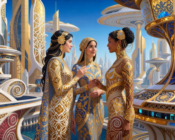 Three Women in Ornate Dresses in Futuristic City