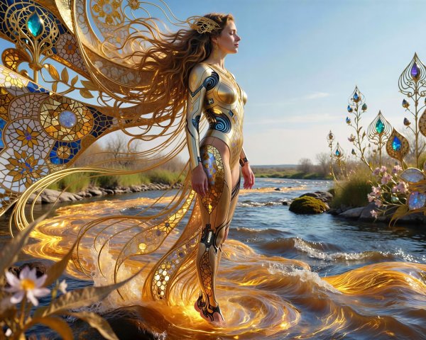 Barefoot Woman in Golden River with Decorative Wings
