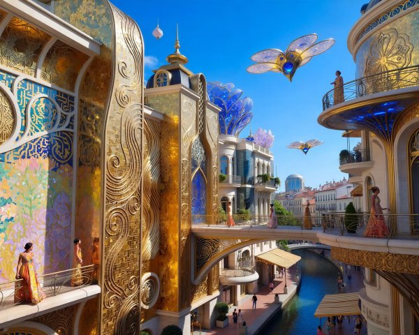 Golden Arabic Cityscape with Futuristic Elements