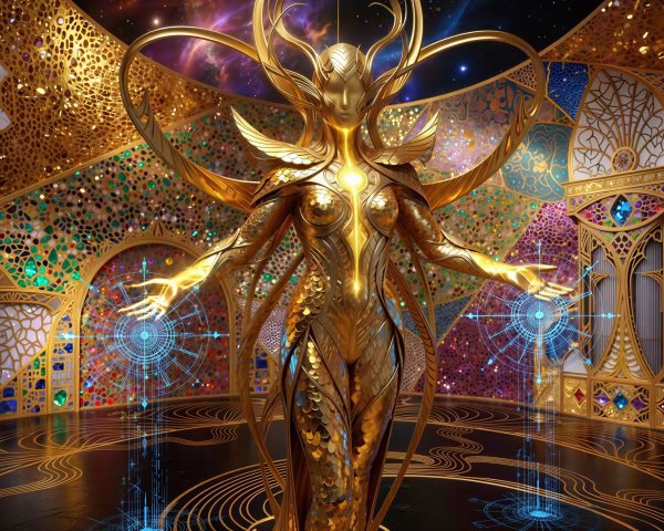 Elegant Half-Cyborg Woman in Gold Armor on Cosmic Floor