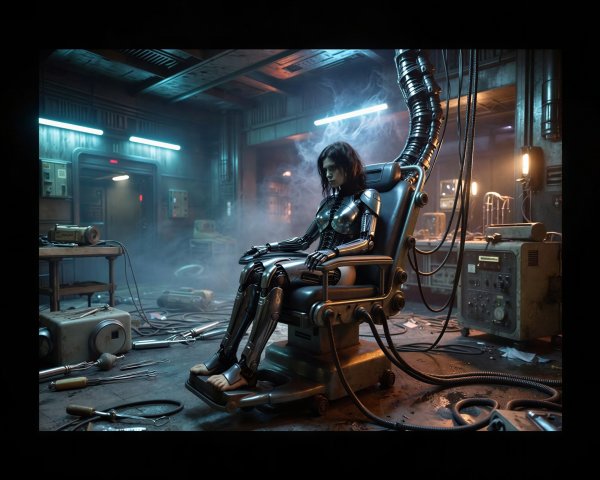 Woman in Cybernetic Suit in Dark Industrial Room