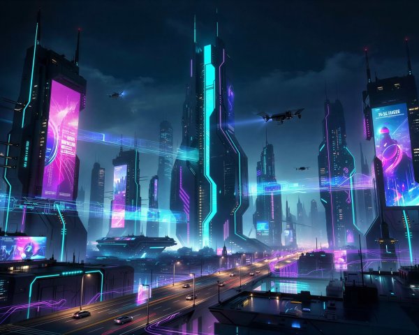 Vibrant Cyberpunk Cityscape with Neon Lights at Night