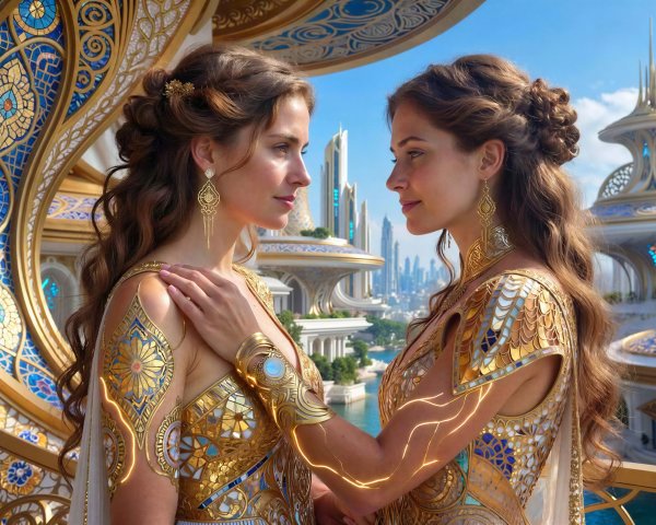 Close-Up of Two Women in Elegant Gowns with Connection