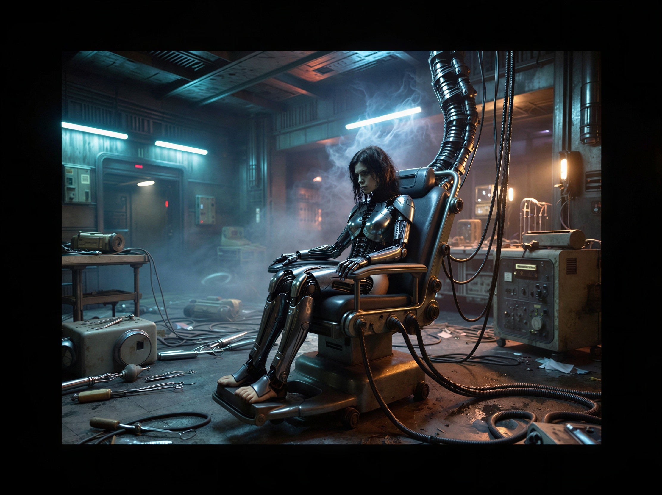 Woman in Cybernetic Suit in Dark Industrial Room