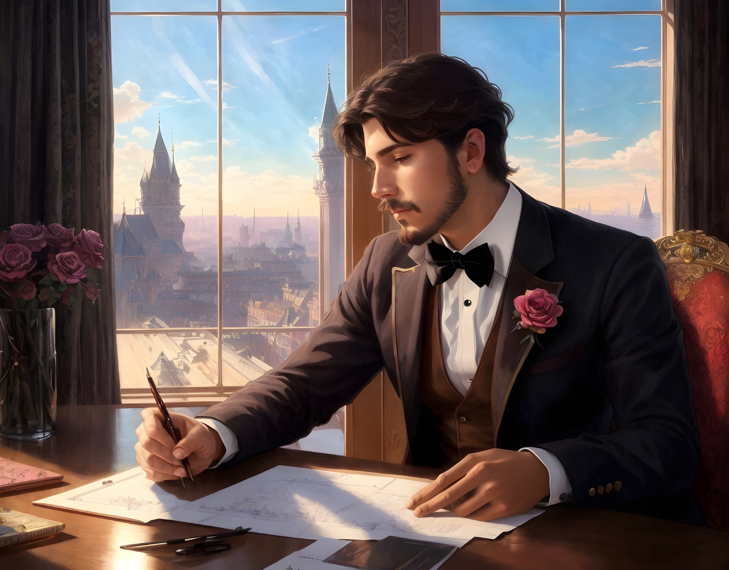 Dapper Young Man in Tuxedo Sketching at Elegant Desk