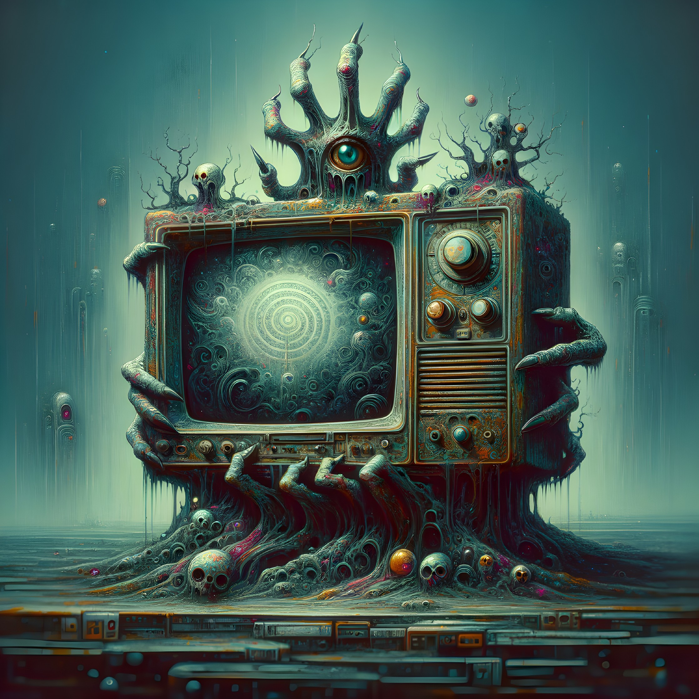 Surreal Scene of Old TV with Organic Twisted Forms