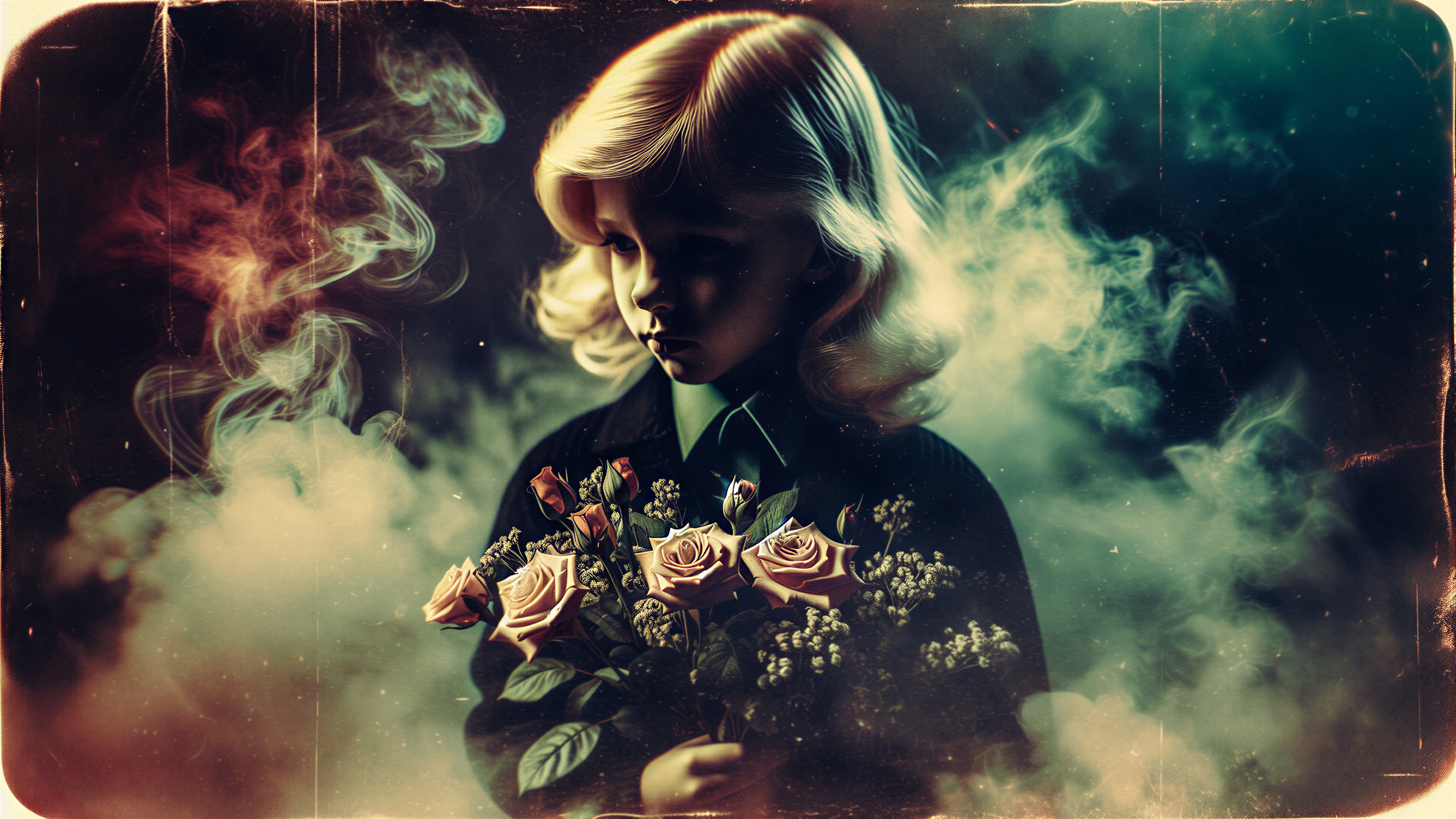 Ethereal Child with Roses in Dreamy Atmosphere