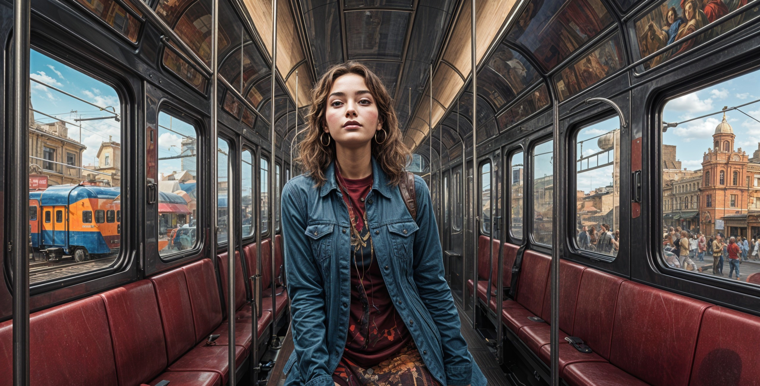 Young woman in denim jacket on train with vibrant seats