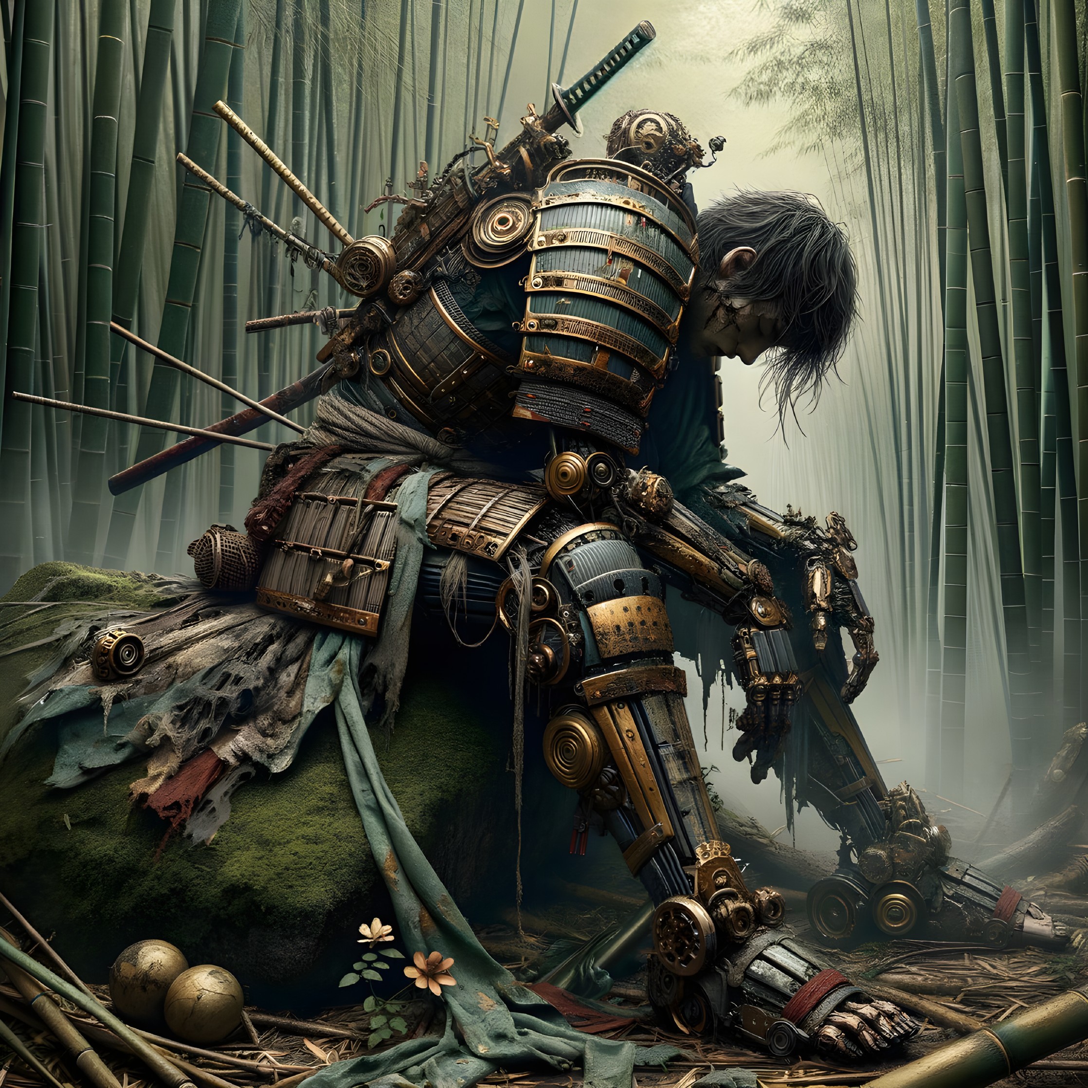 Cyborg Warrior in Serene Bamboo Grove Setting