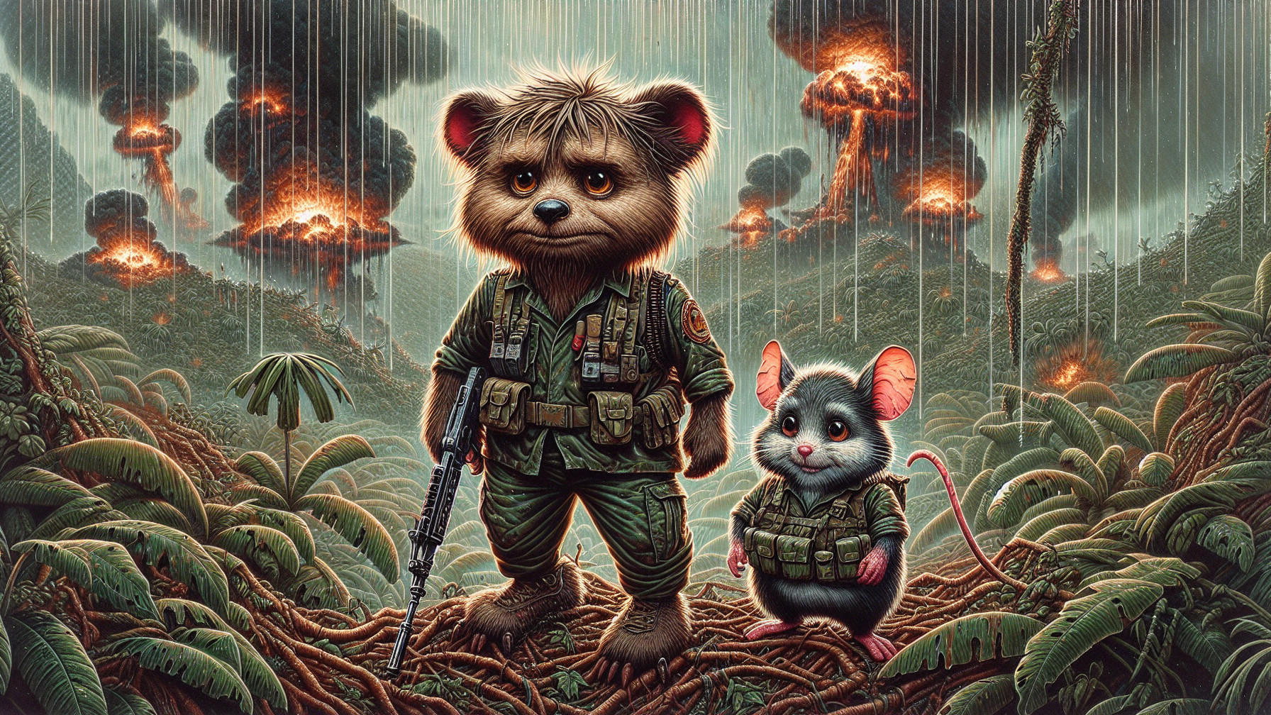 Digital Painting of Teddy Bear and Mouse in Combat Gear