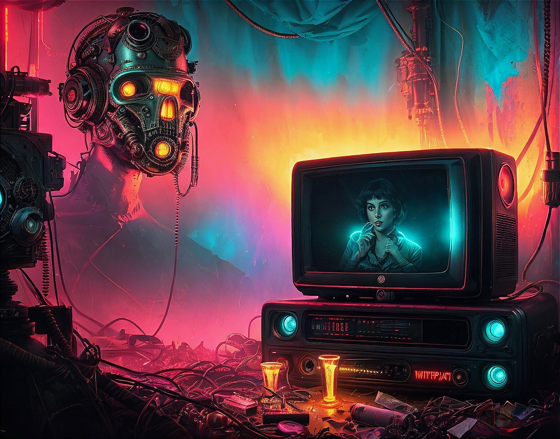 Vibrant Cyberpunk Scene with Neon Colors and Robotics