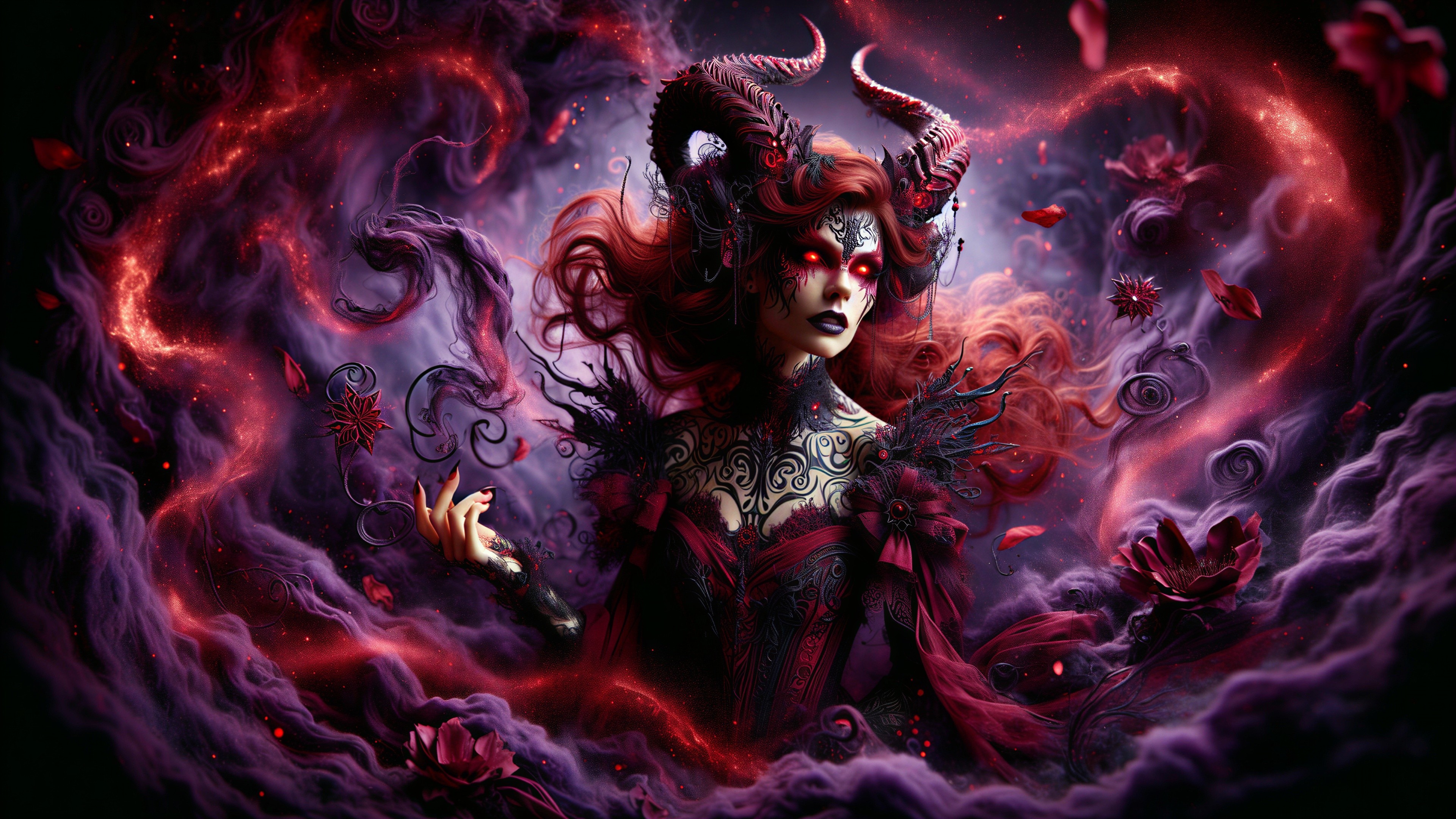 Sorceress with Red Hair and Black Tattoos in Cosmic Scene