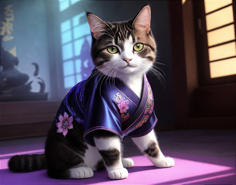 A cat wears a kimono in a dojo