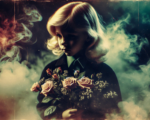 Ethereal Child with Roses in Dreamy Atmosphere