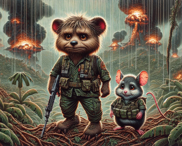 Digital Painting of Teddy Bear and Mouse in Combat Gear