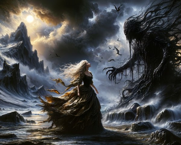 Mysterious Figure in Dark Atmospheric Landscape