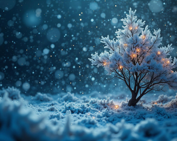 Solitary Tree in Snowy Landscape with Twinkling Lights