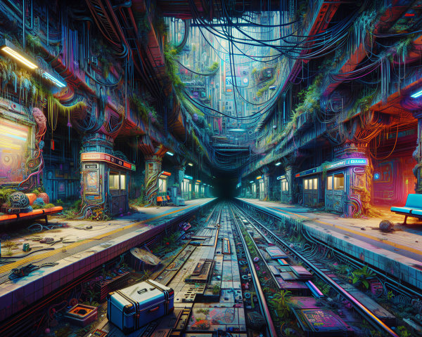 Futuristic subway station blending nature and technology