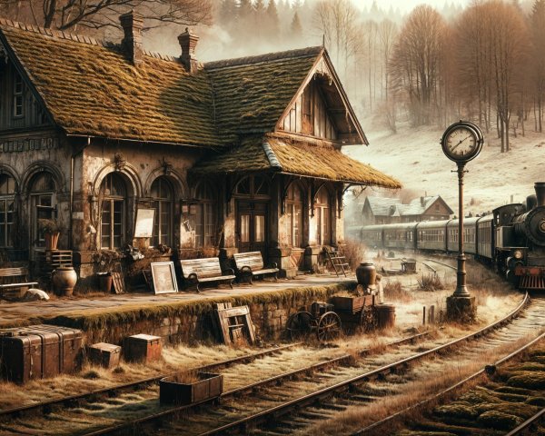 Vintage Train Station in a Serene Landscape
