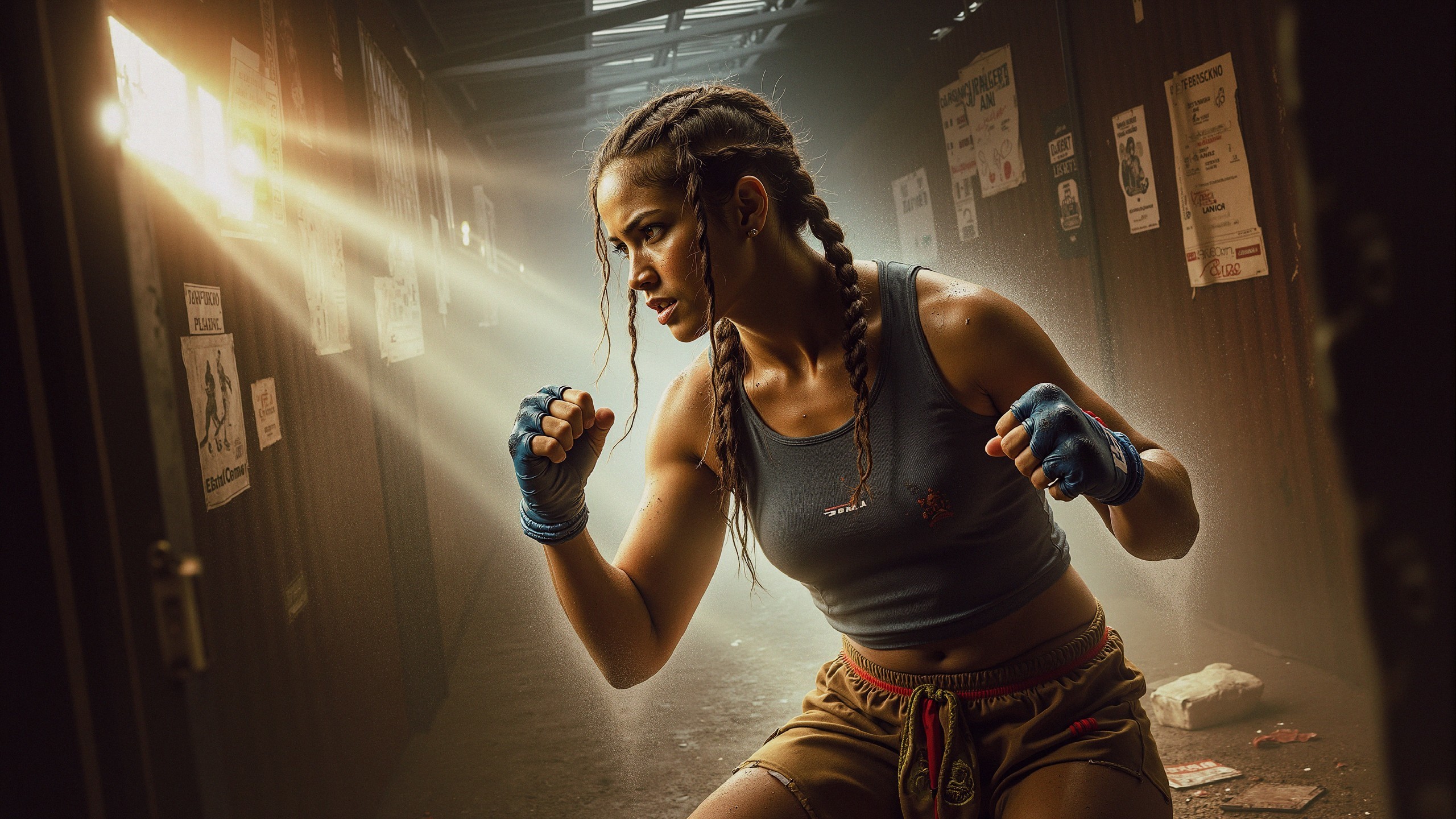Female Fighter in Gritty Training Space Preparing for Action