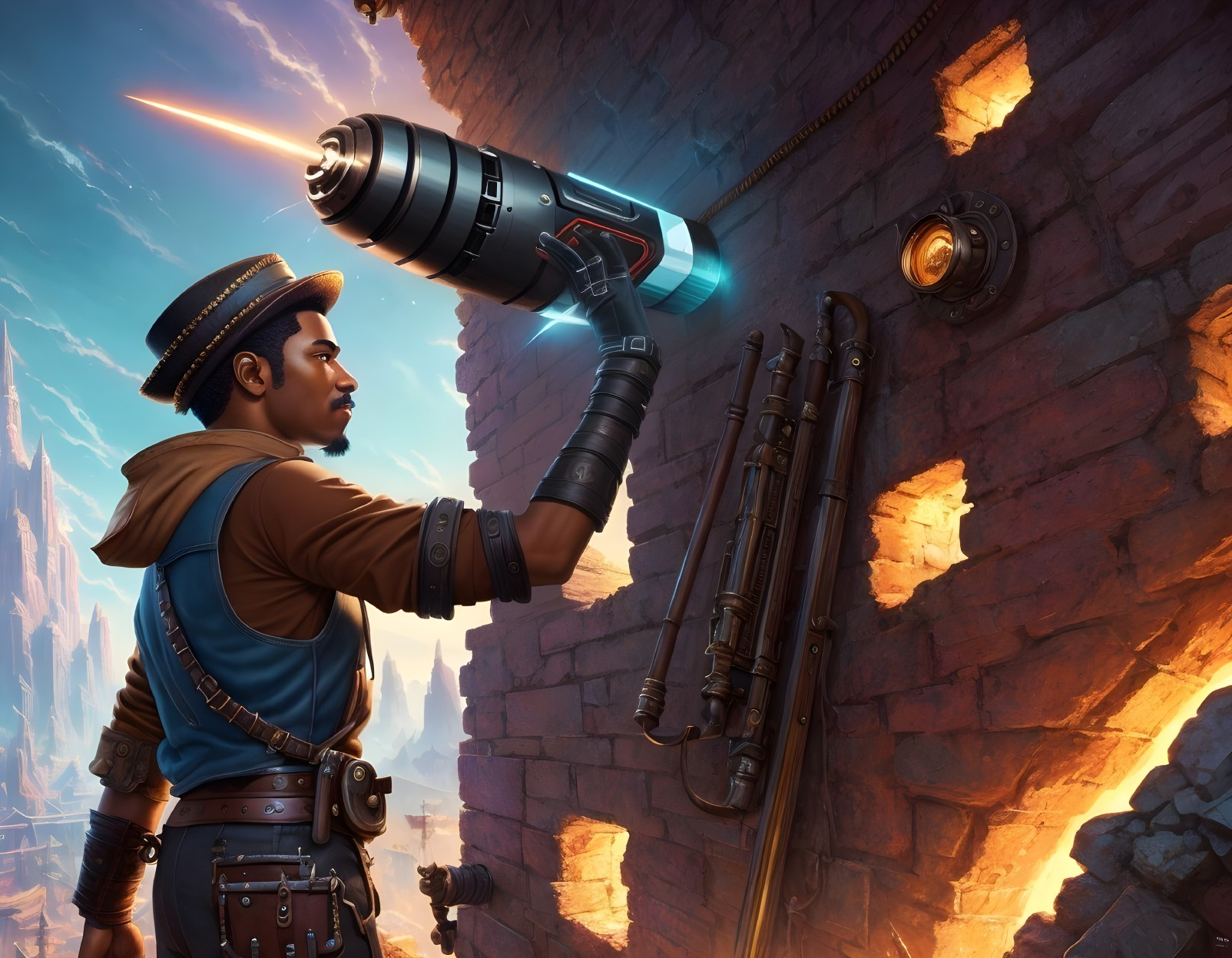 Young man in steampunk outfit with futuristic device