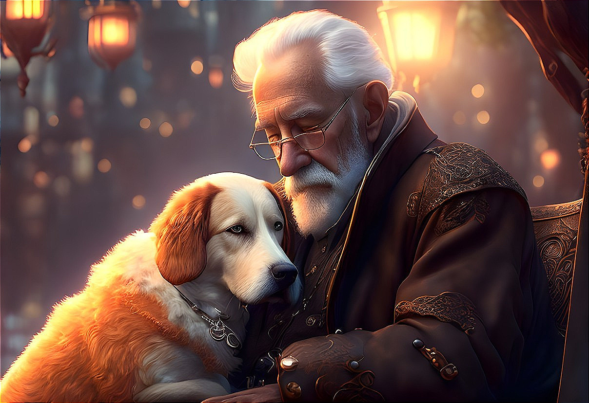 Elderly Man Embracing Golden Retriever in Lantern Light