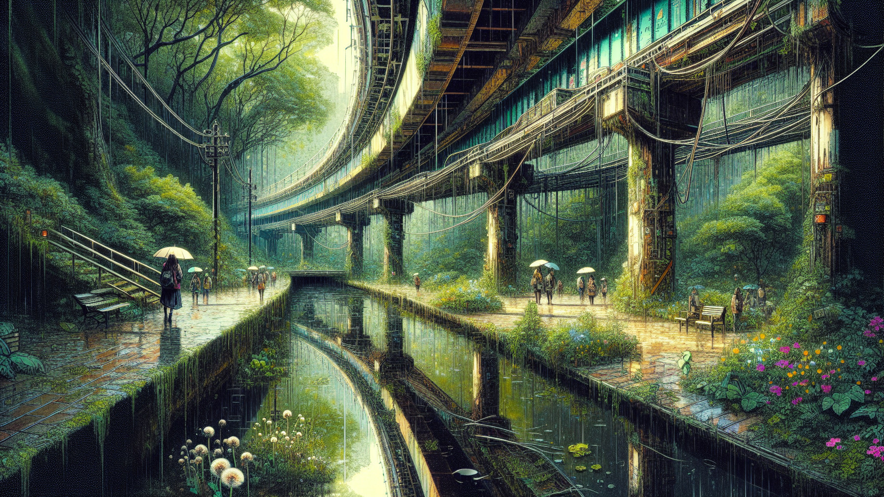 Overgrown Urban Scene with Railway Bridge and Canal