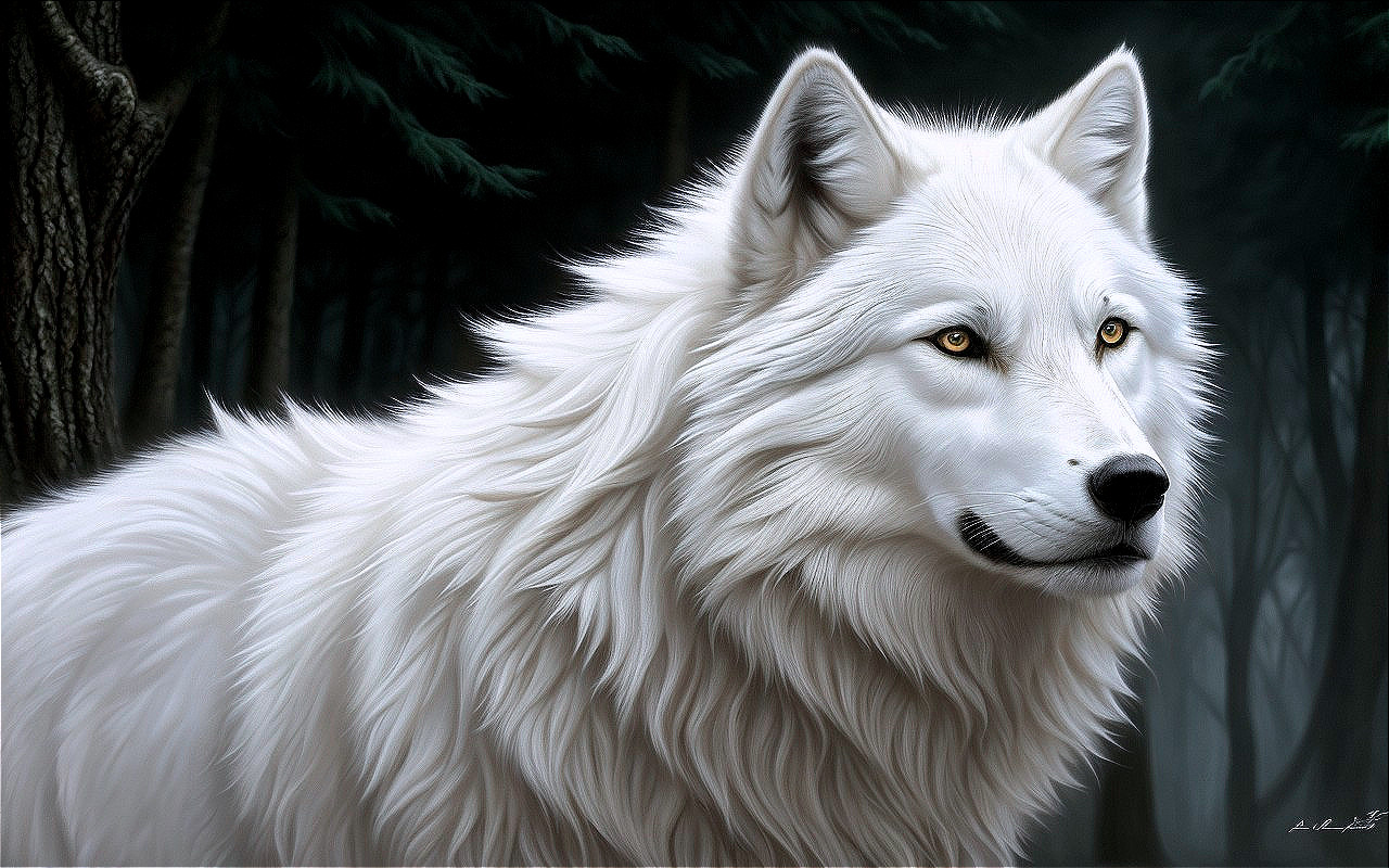 White Wolf with Yellow Eyes in Shadowy Forest