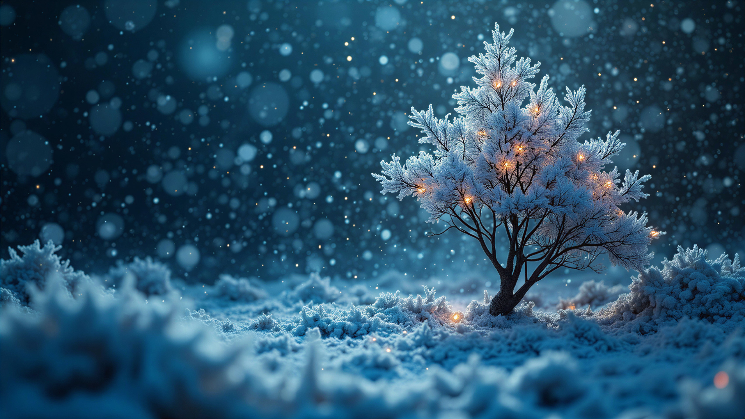 Solitary Tree in Snowy Landscape with Twinkling Lights