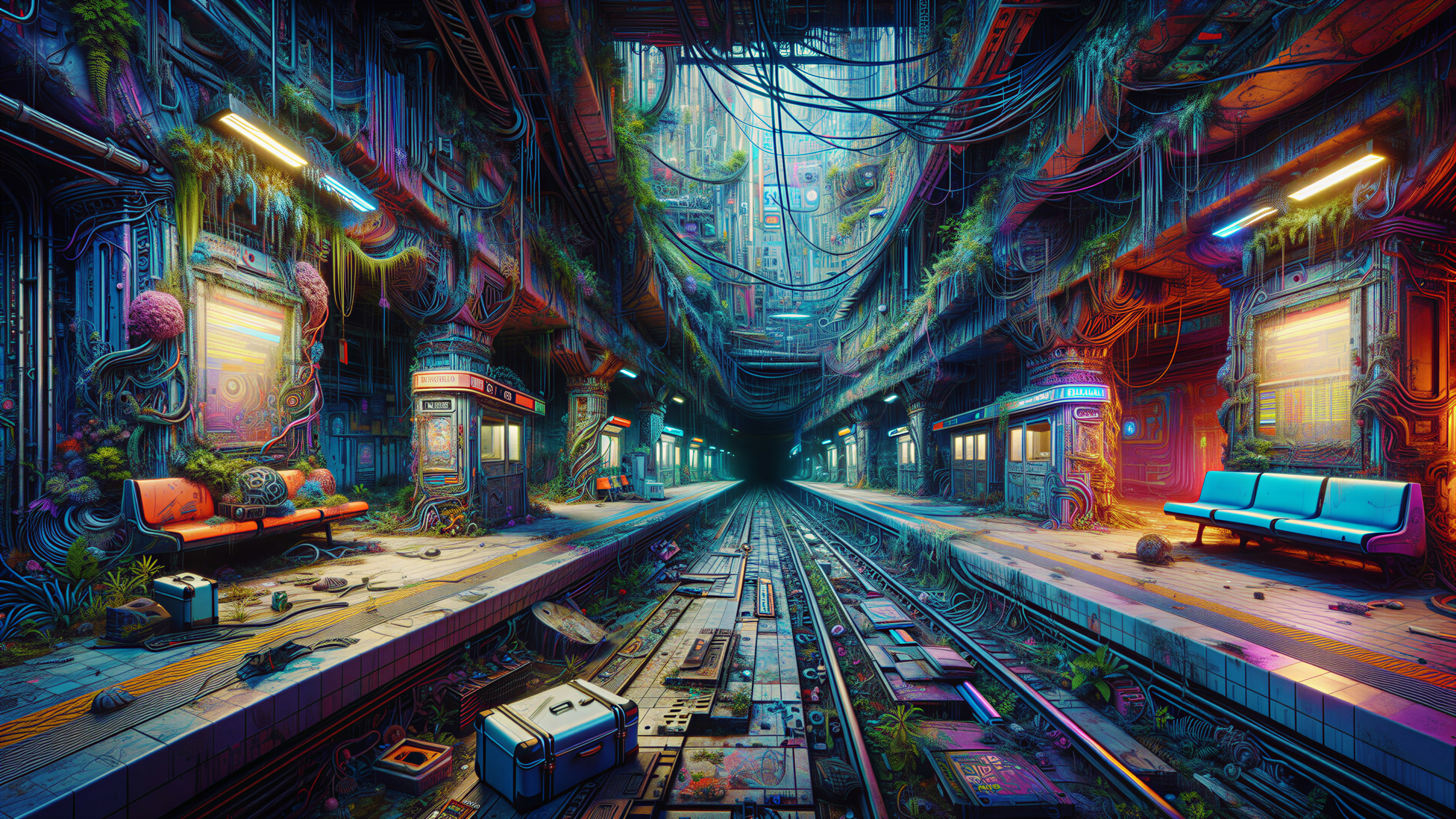 Futuristic subway station blending nature and technology