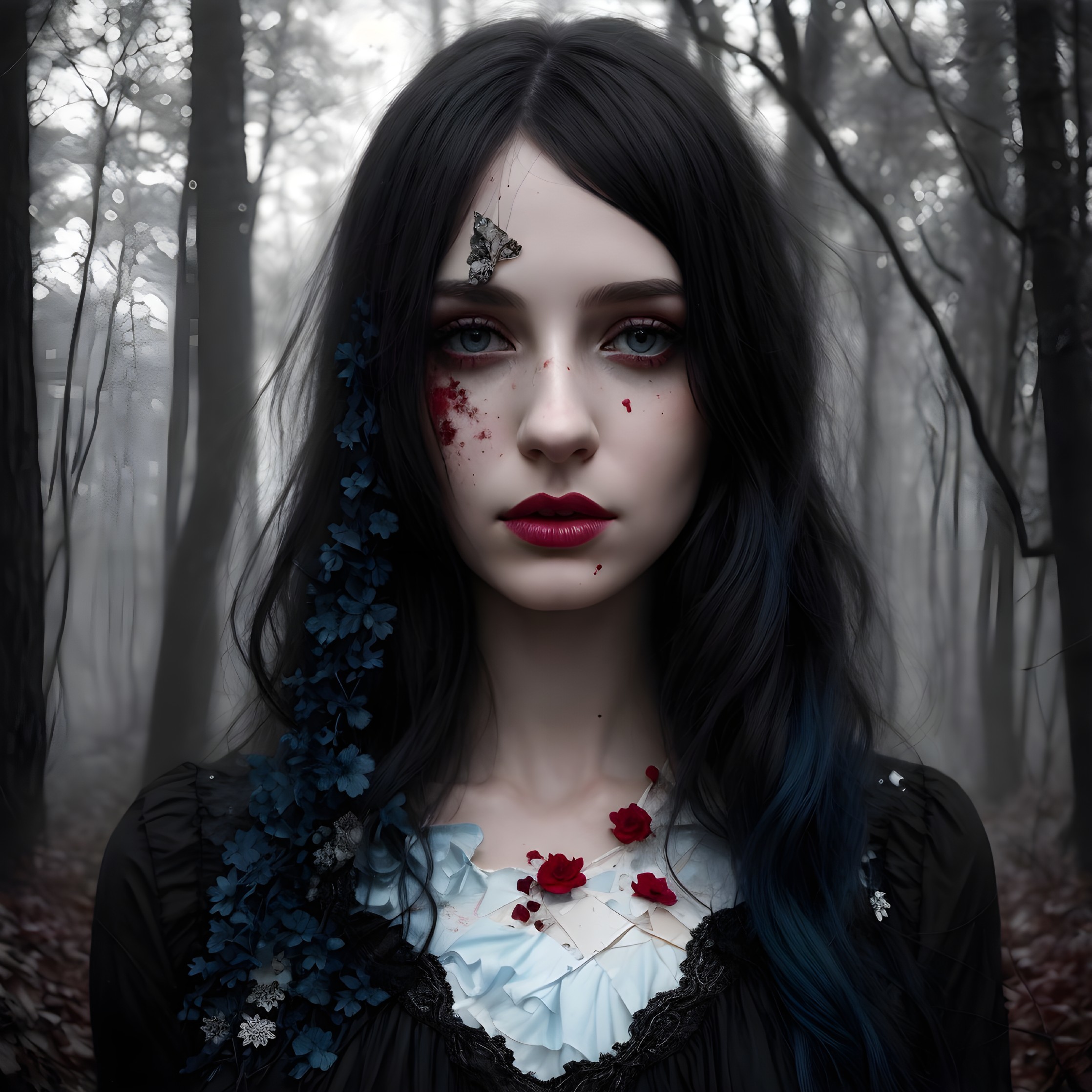 Pale Woman in Misty Forest with Blue Leaves and Red Flowers