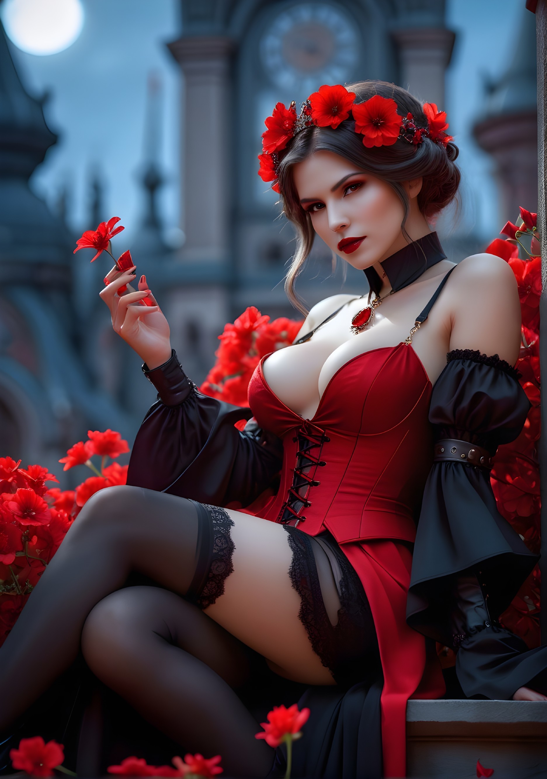 Woman in Red Corset Surrounded by Red Flowers