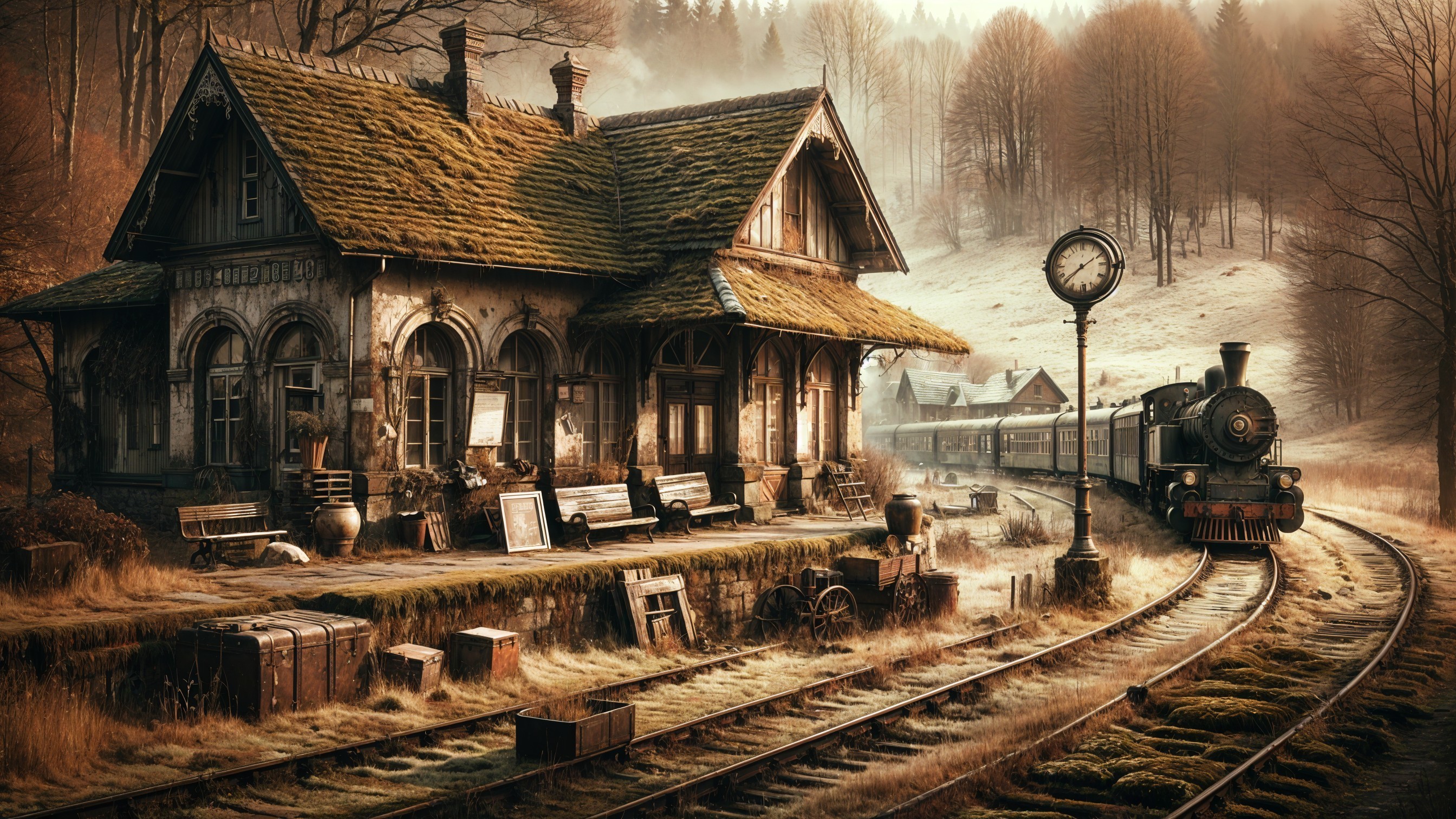 Vintage Train Station in a Serene Landscape
