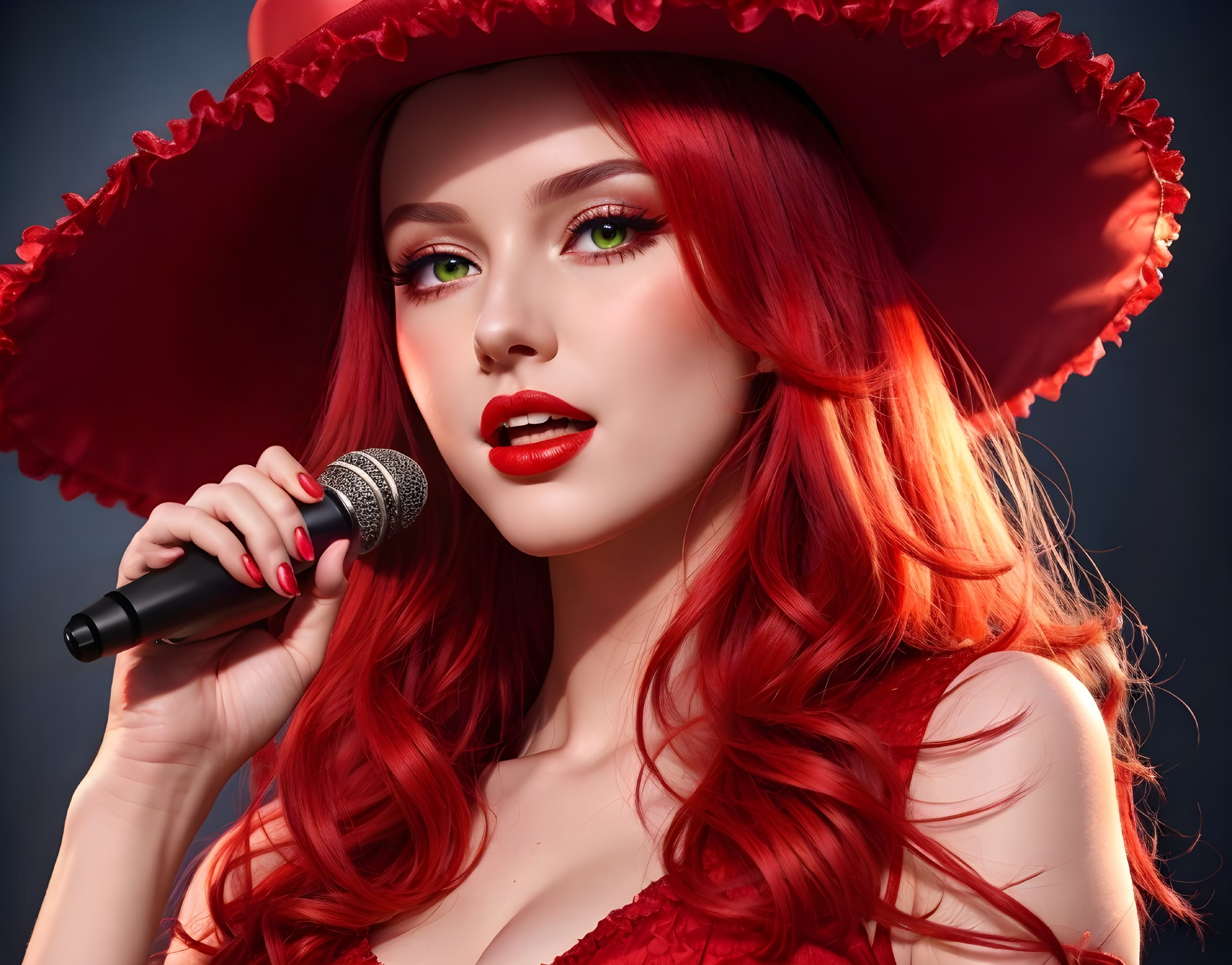 Striking figure with red hair and glamorous attire