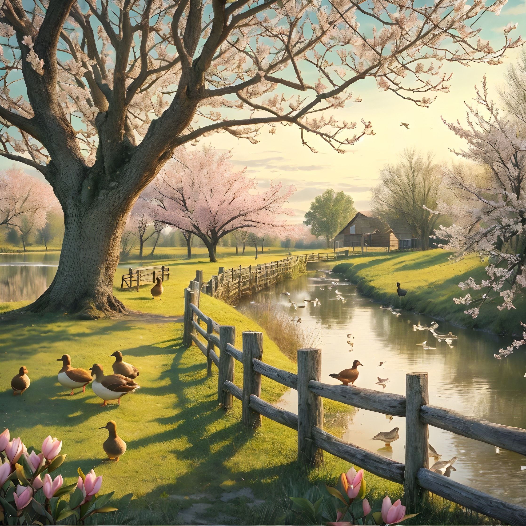 Spring Landscape with Blossoming Tree and Creek