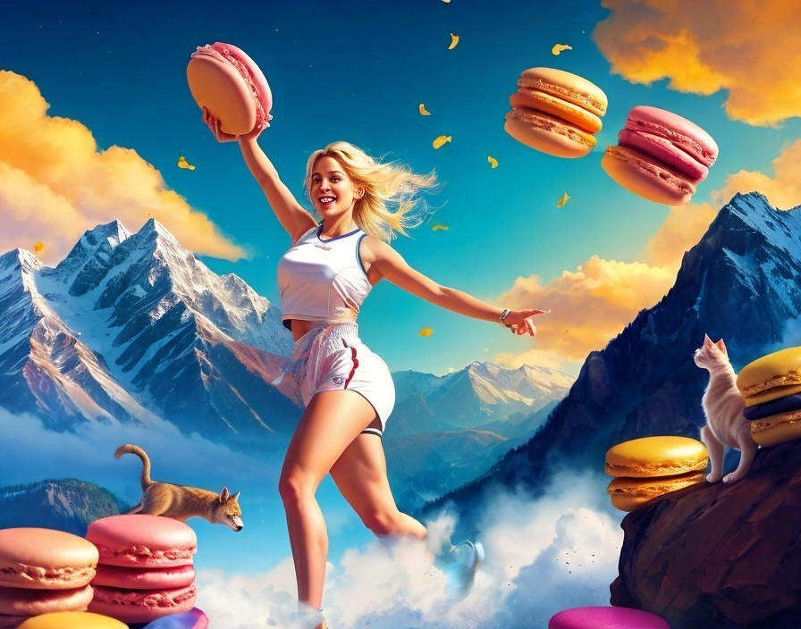 Woman in Athletic Wear Leaping Among Floating Macarons