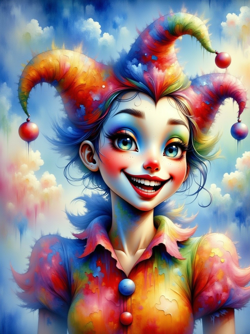 Whimsical Character in Vibrant Jester Costume