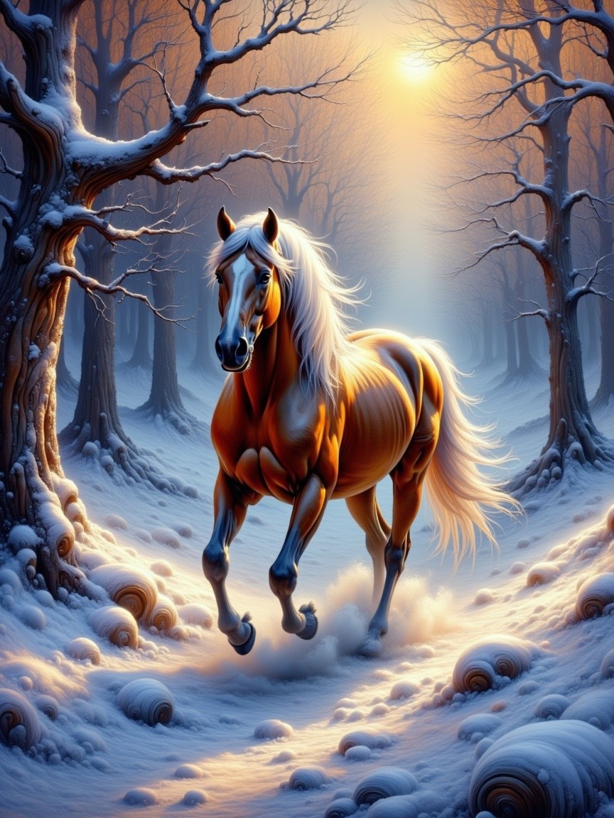 Majestic horse galloping in a snowy forest scene