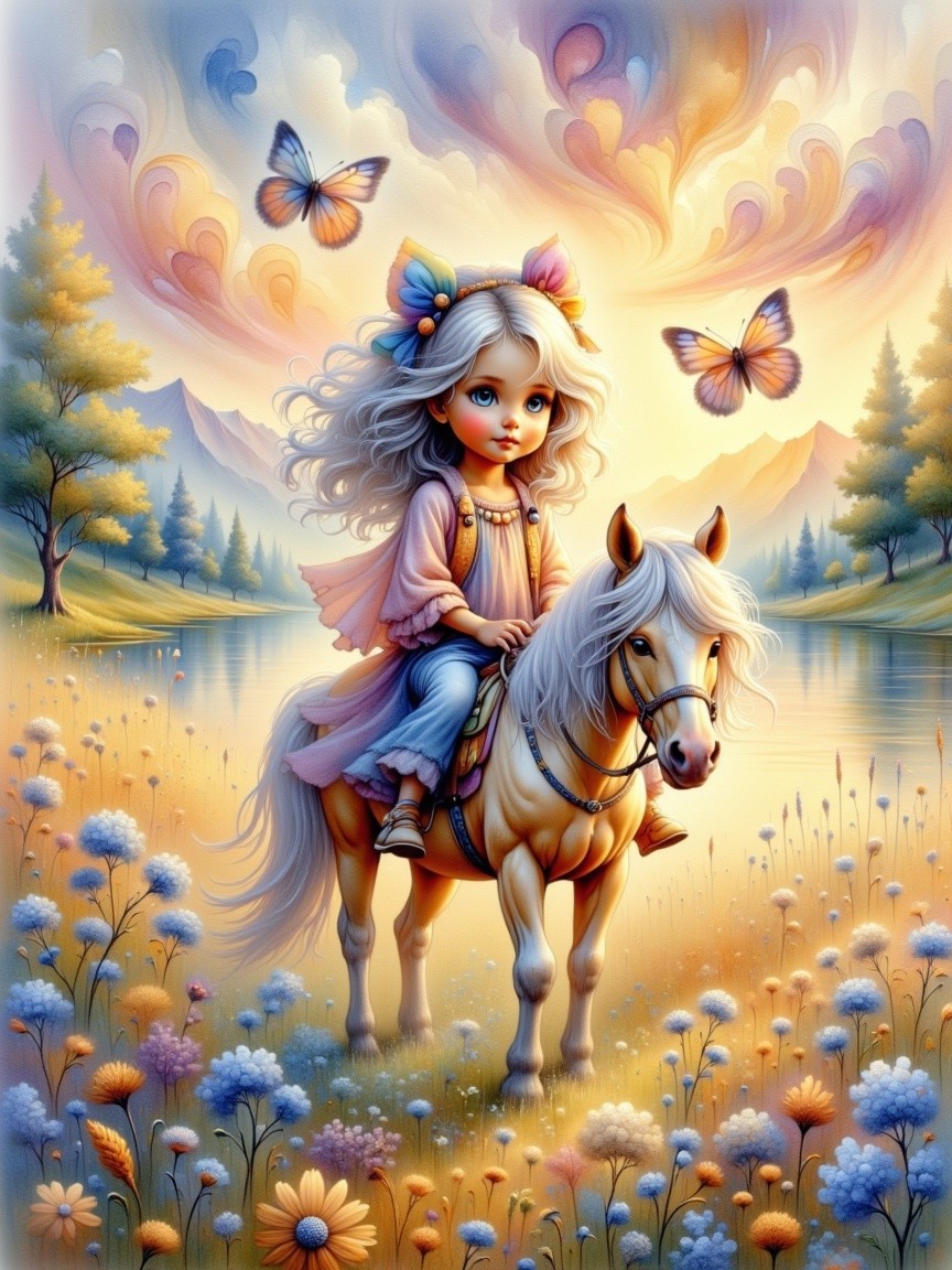 Whimsical Scene of Girl Riding Pony in Meadow