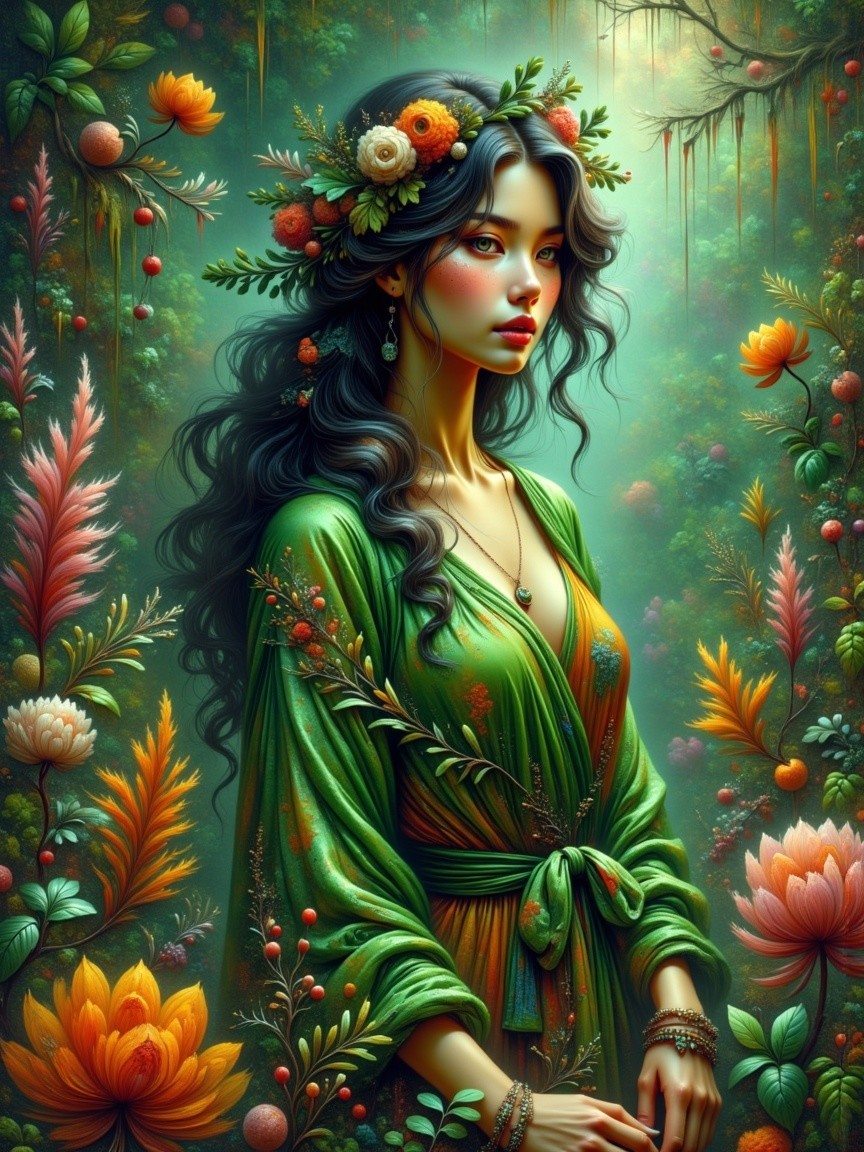 Young Woman in Floral Crown in Lush Forest Setting