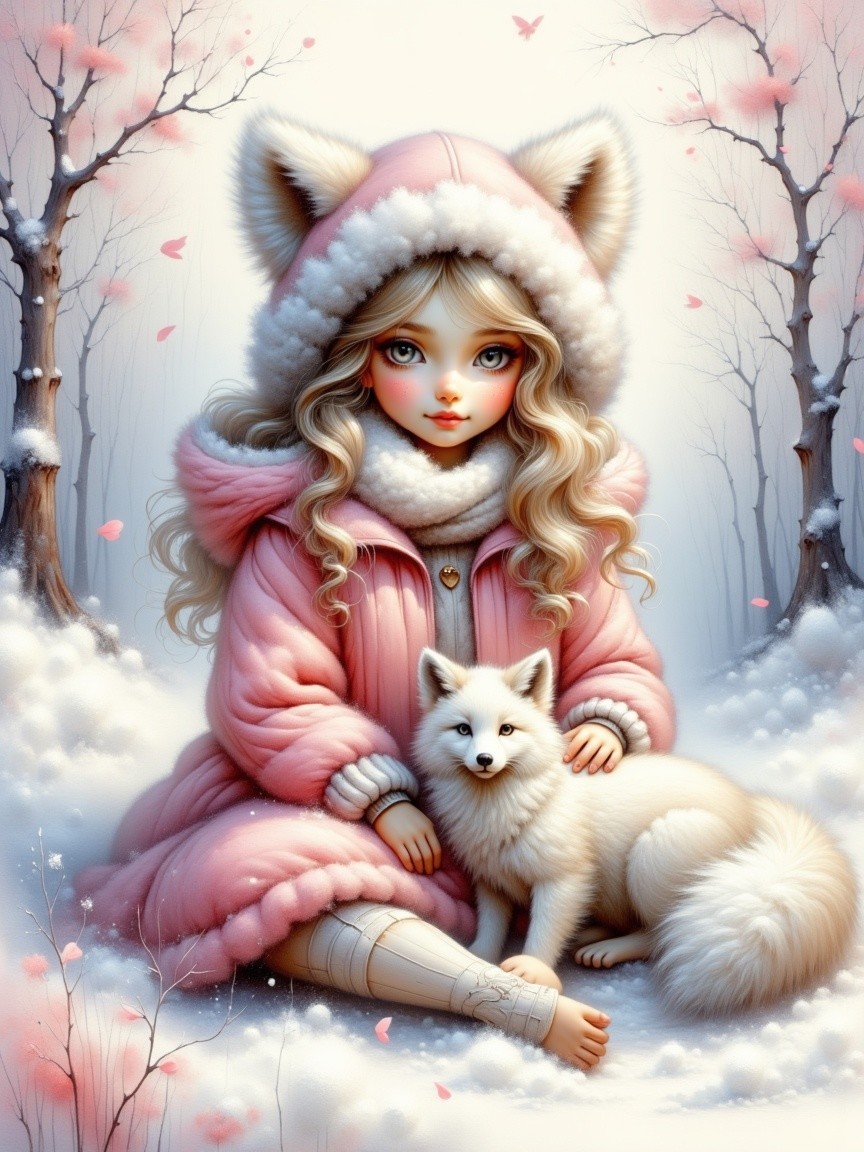 Anime Portrait of Girl in Pink Coat with Baby Fox