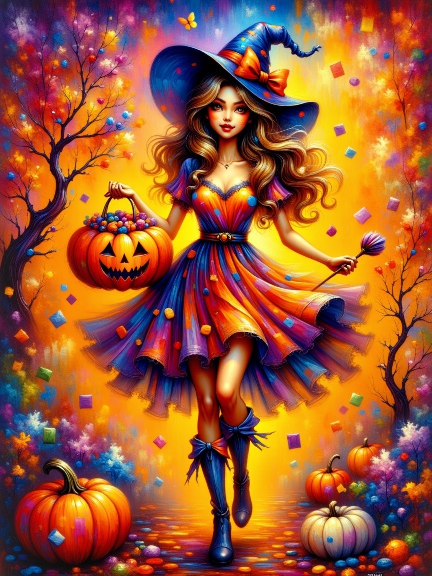 Cheerful Young Witch in Colorful Halloween Setting