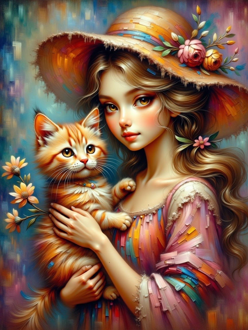 Young girl with hat and orange cat in vibrant scene