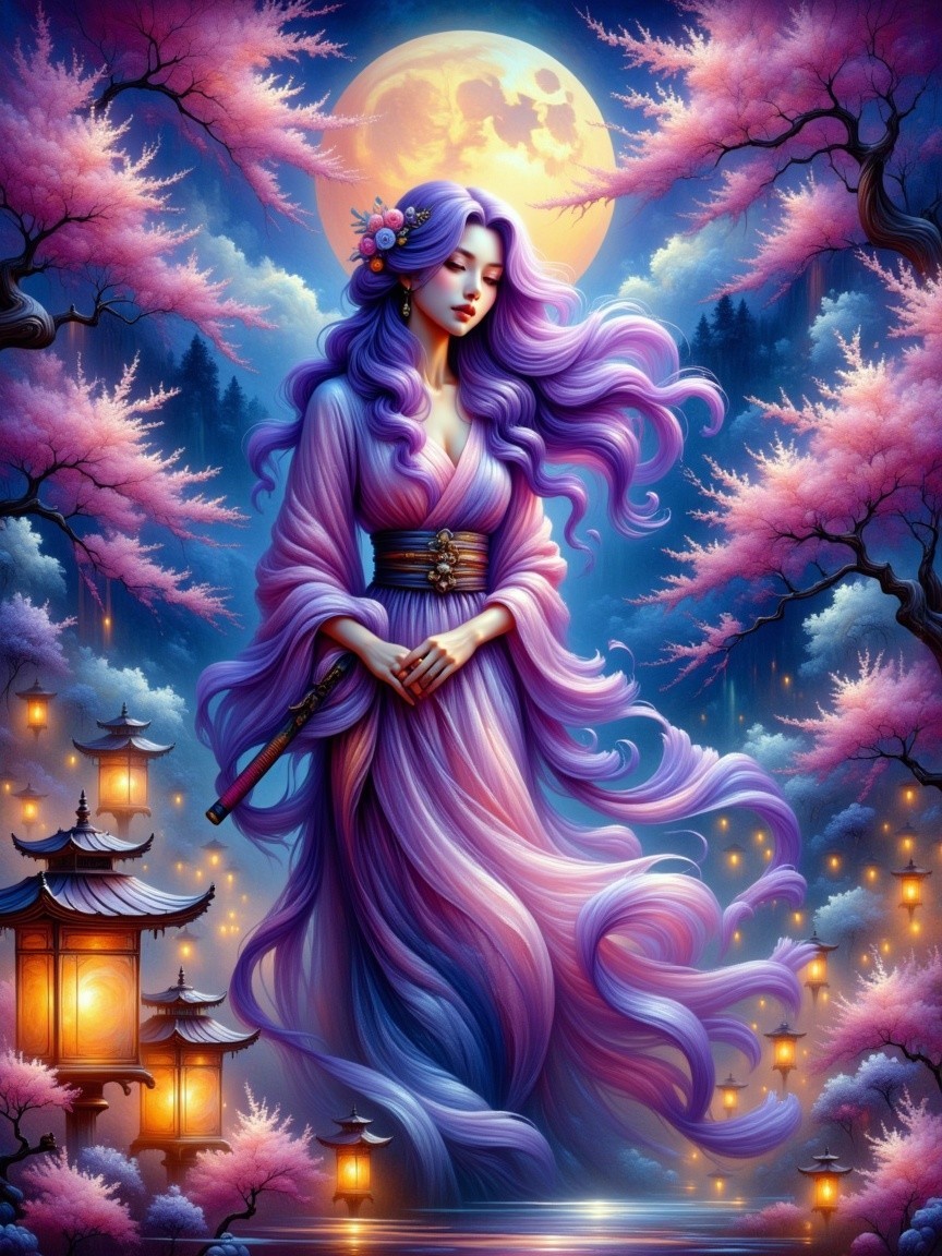 Serene figure in purple robe among cherry blossoms