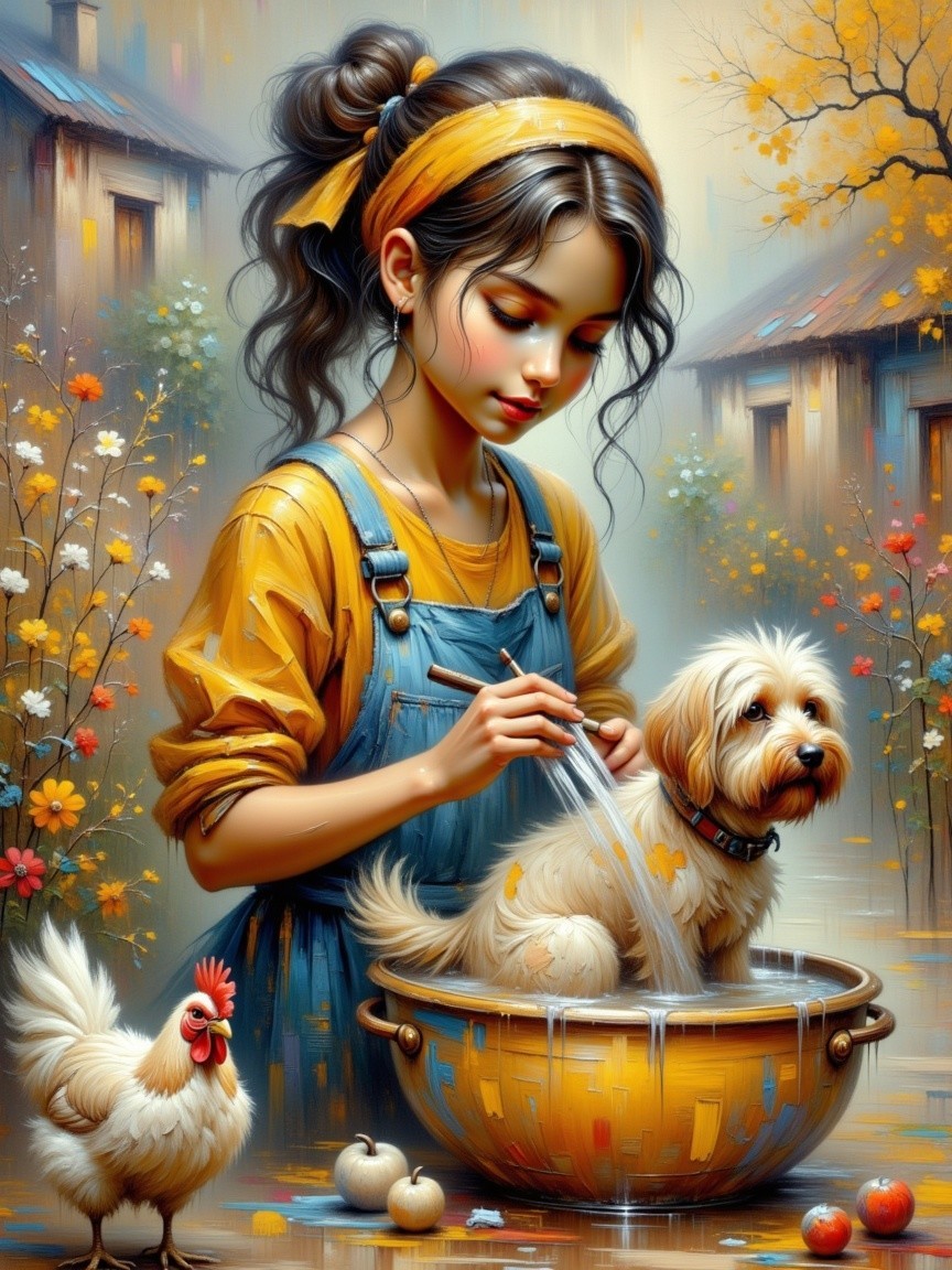 Young girl washing dog in autumn setting with flowers