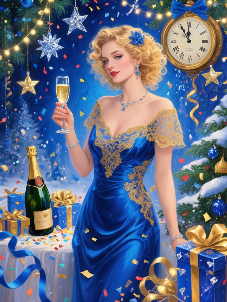 Young Woman in Royal Blue Gown at New Year's Celebration